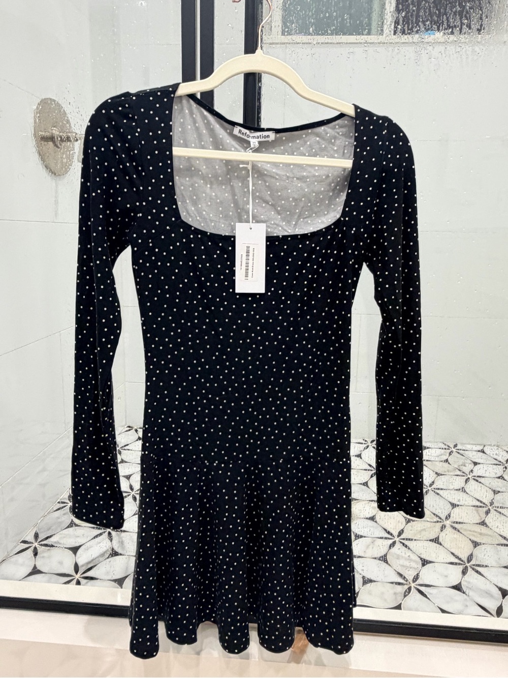 Reformation Black Polka Dot Long Sleeve Scoop Dress